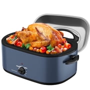 Sunvivi 28Qt Electric Roaster Oven with Visible Self-Basting Lid, Removable Pan & Rack, Temp Control, Stainless Steel Blue