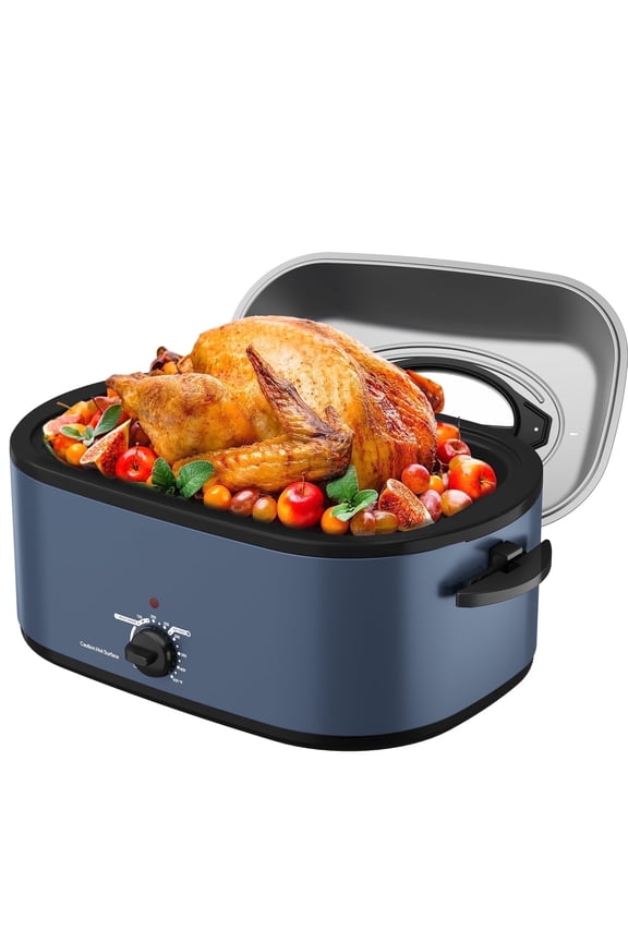 28Qt Electric Roaster Oven with Visible Self-Basting Lid, Removable Pan & Rack, Temp Control, Stainless Steel Blue