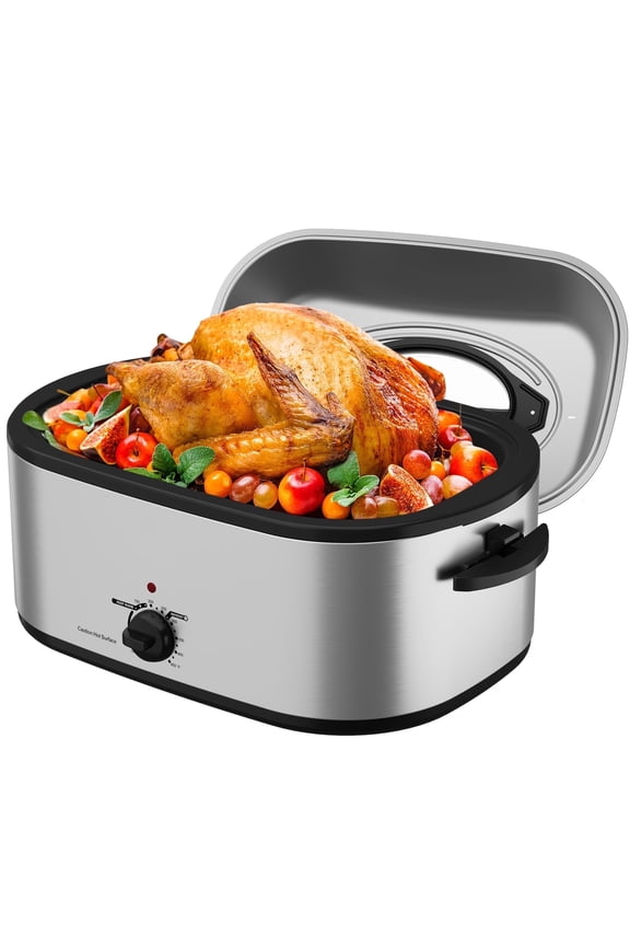 Roaster Oven 26 Quart, Electric Roaster Oven with Visible & Self-Basting Lid, Turkey Roaster Oven with Removable Pan & Rack, Variable Temperature Control, Stainless Steel, Silver