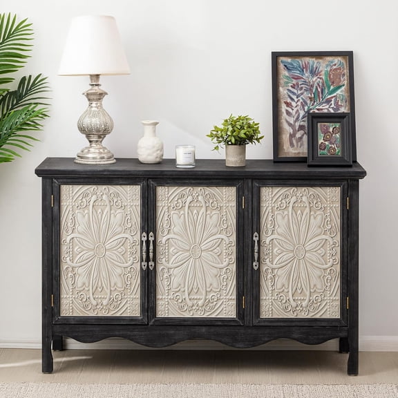 RoyalCraft Sideboard Buffet Cabinet with Storage: Farmhouse Credenza with 3 Doors, French Romance Media Console Coffee Bar Cabinet for Kitchen Dining Room Living Room, Provence Black