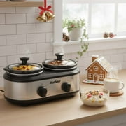 Sunvivi Small Double Slow Cooker, 2 Pot 1.25 Quart Oval Crock Food Warmer Buffet Server, Stainless Steel