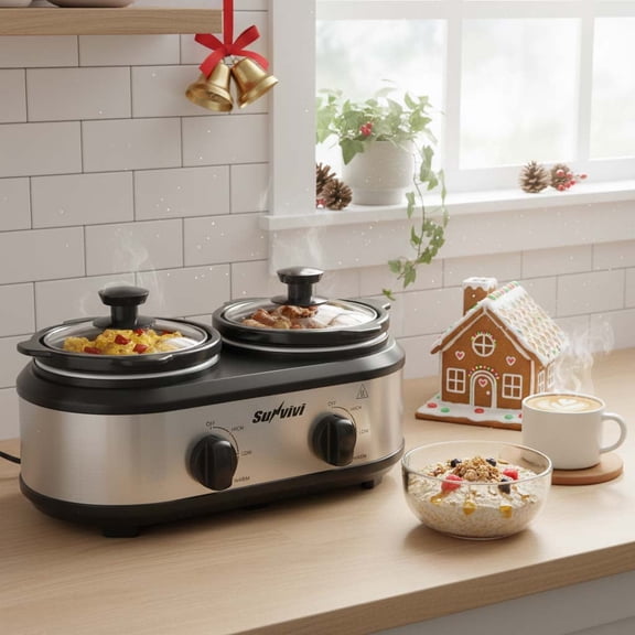 Sunvivi Small Double Slow Cooker, 2 Pot 1.25 Quart Oval Crock Food Warmer Buffet Server, Stainless Steel