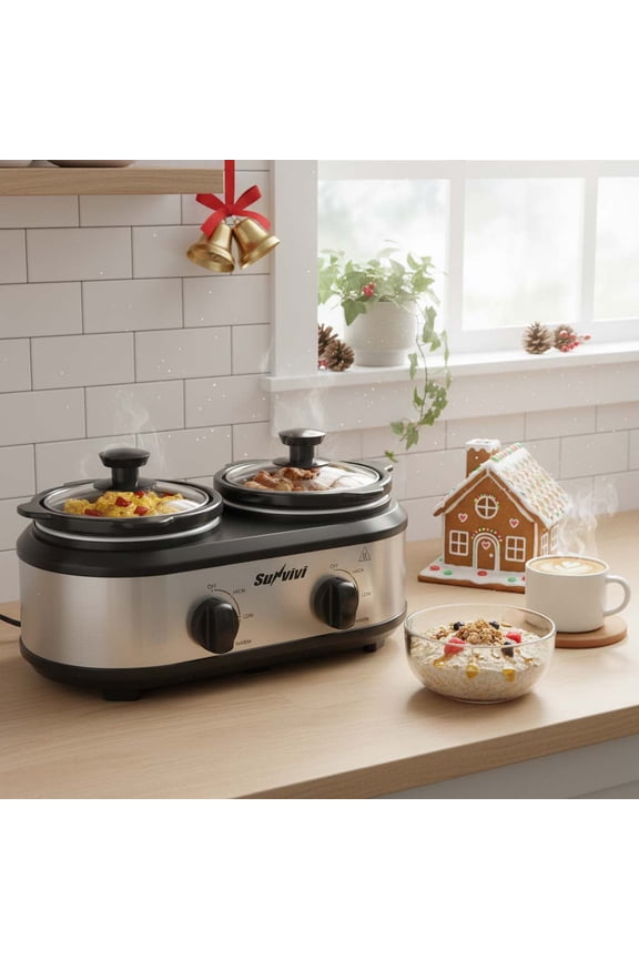 Small Double Slow Cooker, 2 Pot 1.25 Quart Oval Crock Food Warmer Buffet Server, Stainless Steel