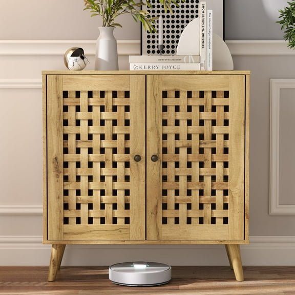 RoyalCraft Storage Cabinet with 2 Basket Weave Wooden Doors, Coffee Bar Cabinet with Adjustable Shelves, Vintage Buffet Sideboard for Living Room, Hallway, Entryway, Dining Room, Natural Wood Color