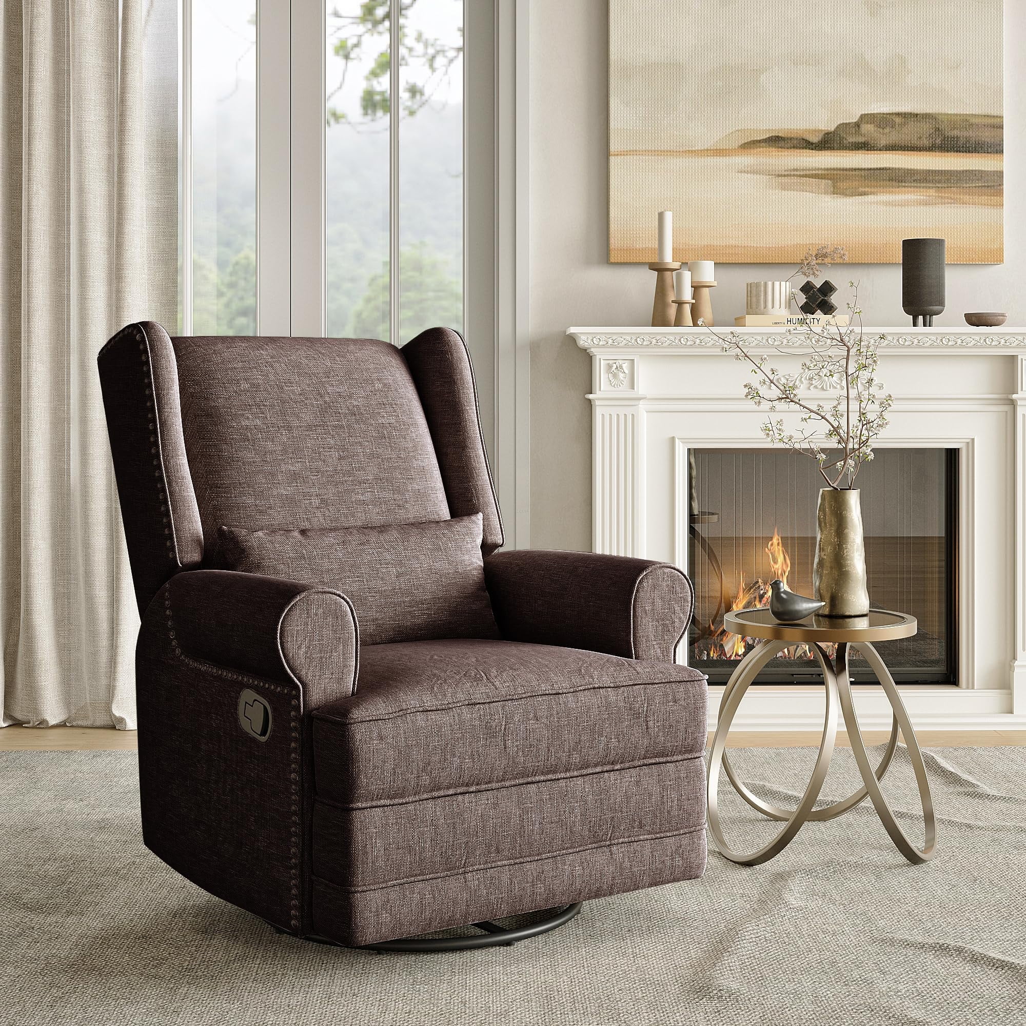 Brown Upholstered Swivel Recliner with Wood Base