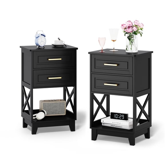May in Color Tall Nightstand Set of 2, Side Table with 2 Drawers and Open Shelf Below, for Bedroom, Living Room, Home Office, Black