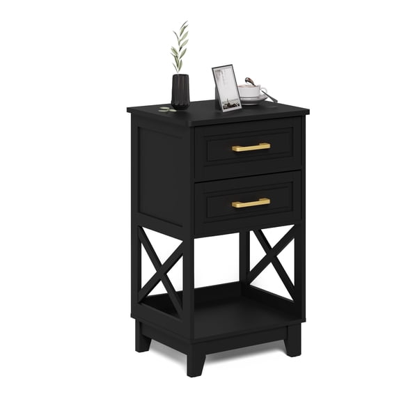 May in Color Tall Nightstand, Side Table with 2 Drawers and Open Shelf Below, for Bedroom, Living Room, Home Office, Black