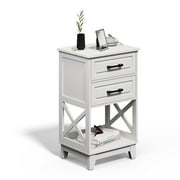 RoyalCraft Tall Nightstand, Side Table with 2 Drawers and Open Shelf Below, Bedside Table with Solid Feet, Modern Night Stand End Table for Bedroom, Living Room, Home Office, White