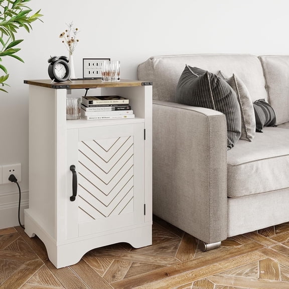 Mayincolor White Nightstand with Charging Station, Farmhouse Bedside Table with Herringbone Design, Wooden Rustic End Table with Large Storage Room & Shelf for Bedroom, Living Room