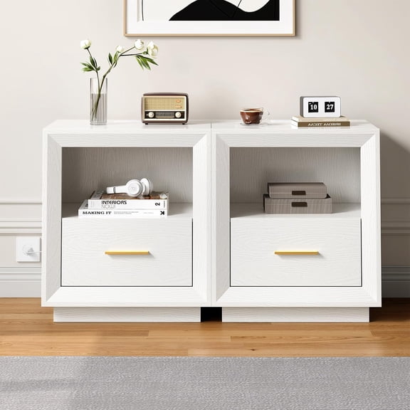 RoyalCraft White Nightstand with Charging Station Set of 2: Wood Bedside Table with Spacious Drawer Storage Cabinet, 2 Outlets & USB Type-C for Bedroom Dorm