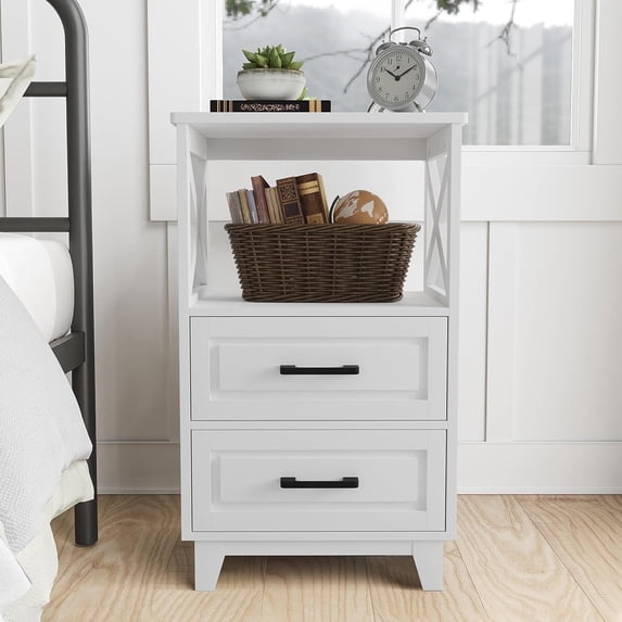 May in Color White Nightstand, Farmhouse Side Table with Storage Drawers and Open Shelf, Wooden Rustic End Table Cabinet for Bedroom, Living Room