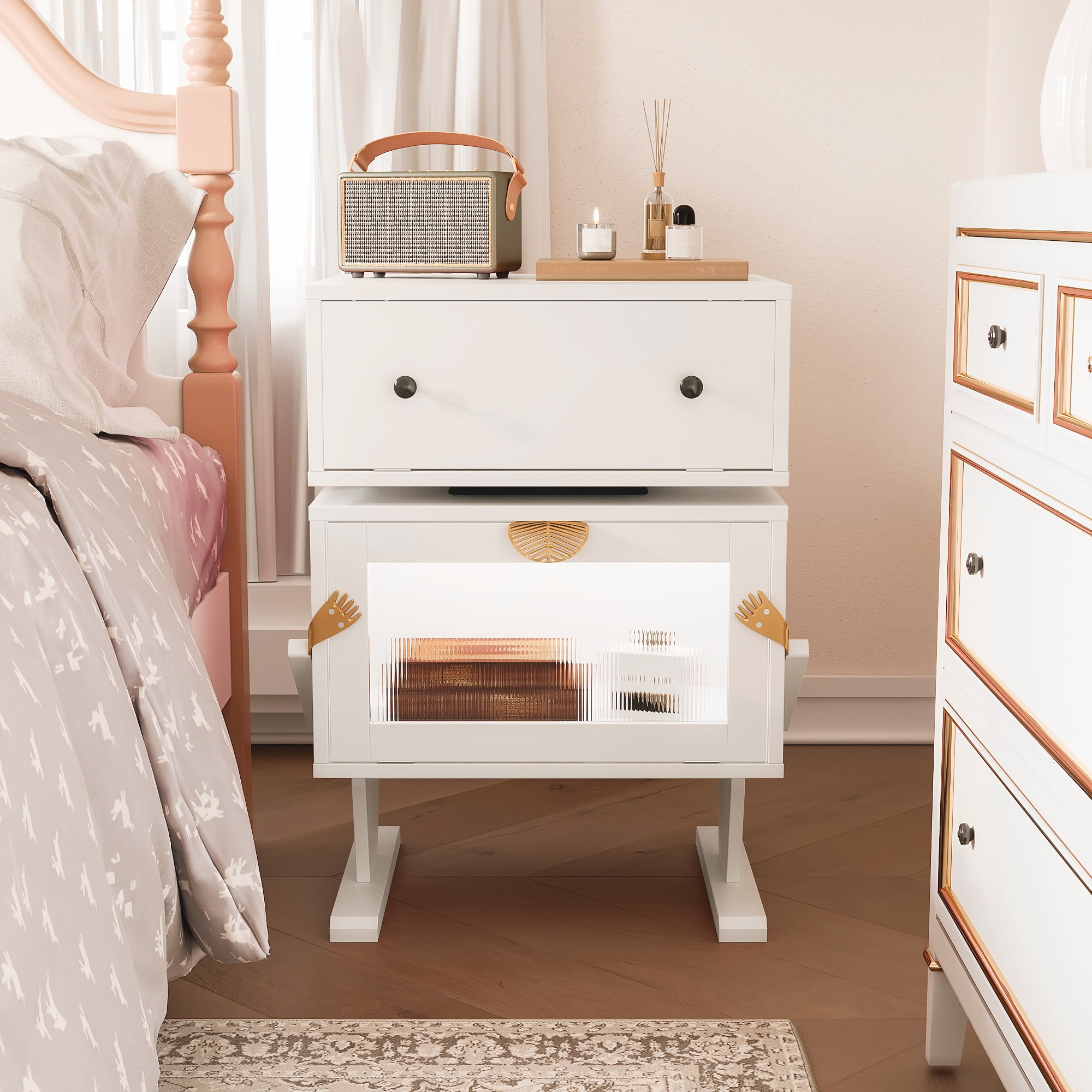 RoyalCraft White Nightstand with LED Light Strips, Modern End Table ...