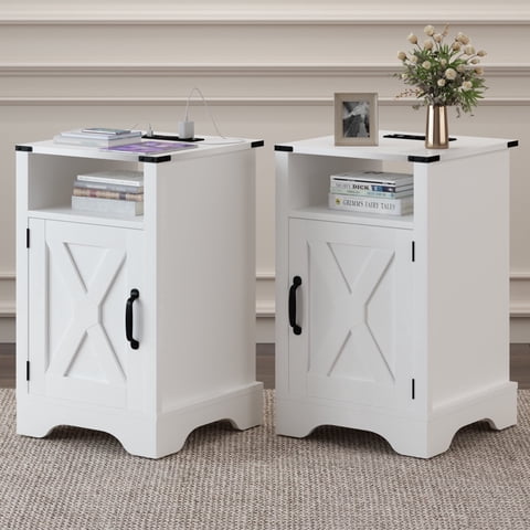 Mayincolor Farmhouse Wooden Nightstand Set of 2 with Charging Station and Storage Cabinets, White