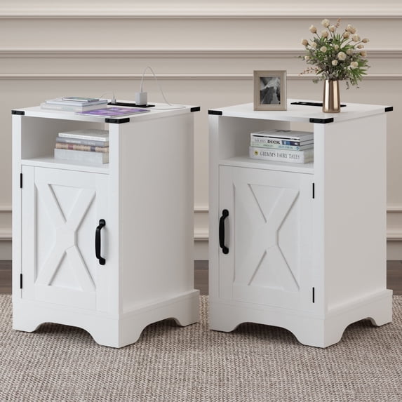 Mayincolor Farmhouse Wooden Nightstand Set of 2 with Charging Station and Storage Cabinets, White