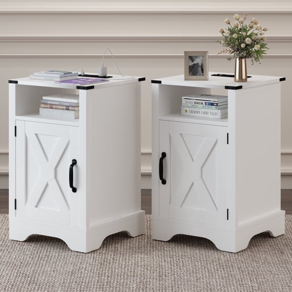 Mayincolor Farmhouse Wooden Nightstand Set of 2 with Charging Station and Storage Cabinets, White