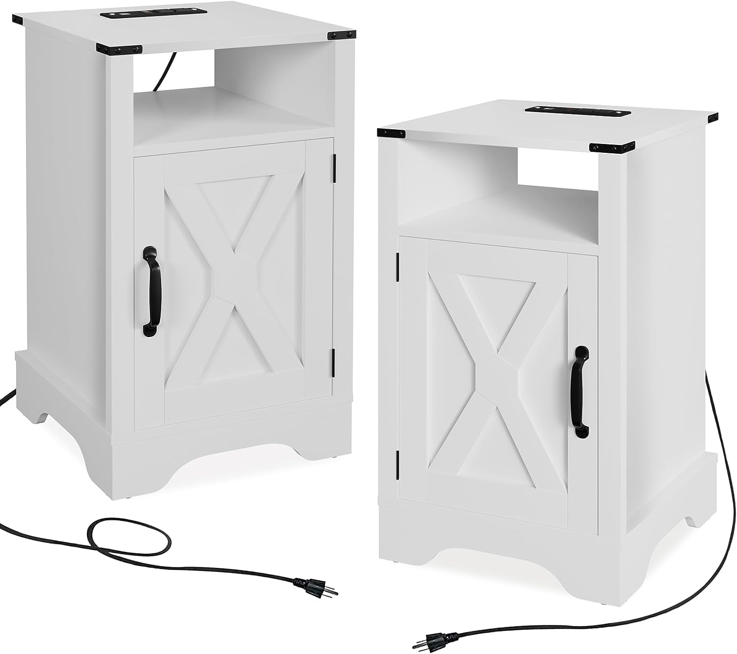RoyalCraft Set Di 2 Comodini Rustici Con Stazione Di Ricarica - USB E Prese, Anta A 180° E Mensola, Grigio Scuro, 63x40x40 Cm