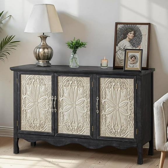 RoyalCraft Wide Farmhouse Buffet Cabinet Solid Wood Sideboard Storage Table, Wash Black
