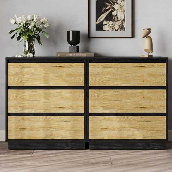 RoyalCraft Wide Nightstand Set of 2, Black Nightstand for Bedroom, Large End Table with 3 Drawers, Bedside Table for Home and Office, Black and Wood