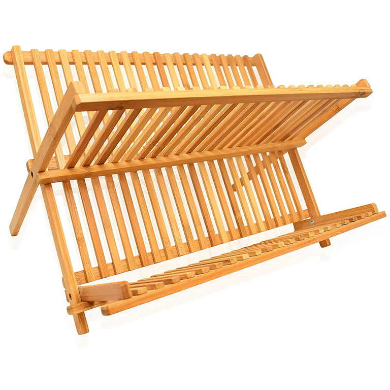 Bamboo Foldable Dish Drying Rack Collapsible Dish Drainer Wooden
