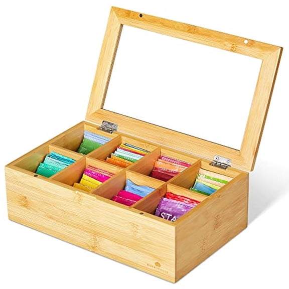 RoyalHouse Big Natural Bamboo Tea Bag Holder, Tea Box Organizer with 8 Compartments