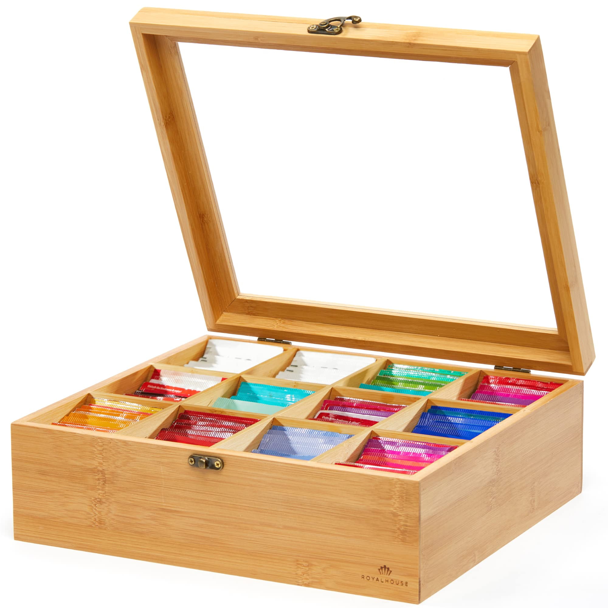 Natural Bamboo Tea Organizer - 6 Compartments, with Plastic Cover - 8 1/2  x 8 x 3 1/2 - 1 count box