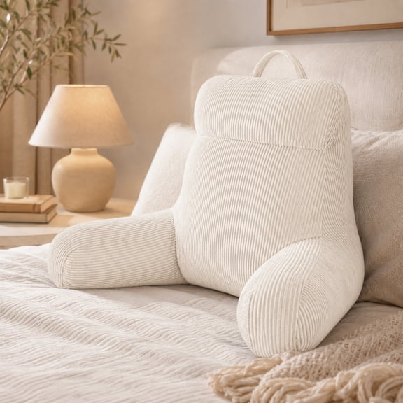 Royalbear 18 Inch Standard Shredded Memory Foam Reading Pillow, Anti-Pilling Corduroy Bed Rest Pillow with Adjustable Back & Arm Support for Adults, Beige