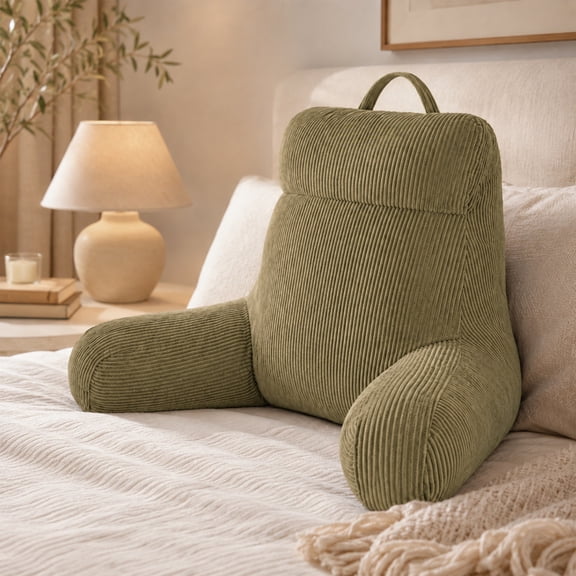 Royalbear 24 Inch Large Shredded Memory Foam Reading Pillow, Anti-Pilling Corduroy Bed Rest Pillow with Adjustable Back & Arm Support for Adults, Green