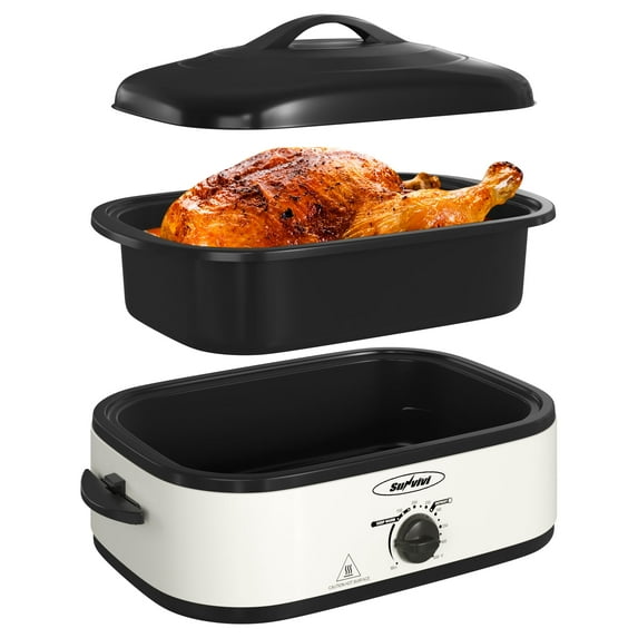 Royalcraft 14 Quart Electric Roaster with Self-Basting Lid, Turkey Roaster Oven with Removable Pan and Rack, Stainless Steel, White