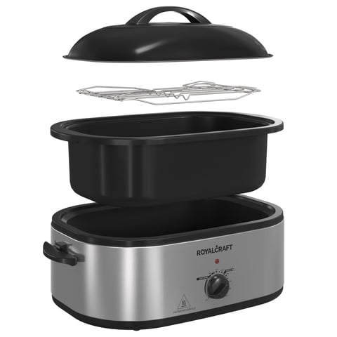 Royalcraft 18 Quart Roasting Oven with Self-Basting Lid Removable Pan, 150 to 450F Temperature Control Cool-Touch Handles,Silver