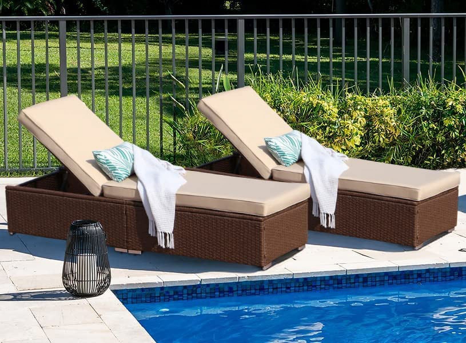 Royalcraft 2 Pieces Outdoor Chaise Lounge Chair, Brown Wicker Rattan Adjustable Patio Lounge Chair, Steel Frame with Removable Beige Cushions, for Poolside, Deck and Backyard - image 1 of 7
