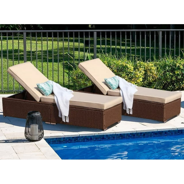Royalcraft 2 Pieces Outdoor Chaise Lounge Chair, Brown Wicker Rattan Adjustable Patio Lounge Chair, Steel Frame with Removable Beige Cushions, for Poolside, Deck and Backyard