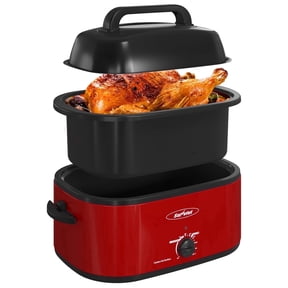 Sunvivi 22 Quart Electric Turkey Roaster Oven with Visible Glass Lid, Removable Pan & Rack, Stainless Steel,Red