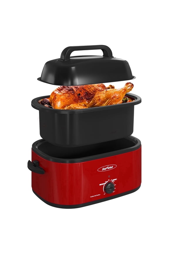22 Quart Electric Turkey Roaster Oven with Visible Glass Lid, Removable Pan & Rack, Stainless Steel,Red