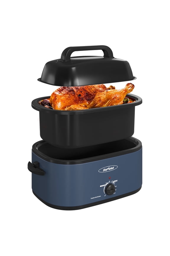 26 Quart Electric Turkey Roaster Oven Upgraded Large Size with Visible Glass Lid, Removable Pan & Rack, Stainless Steel, Blue