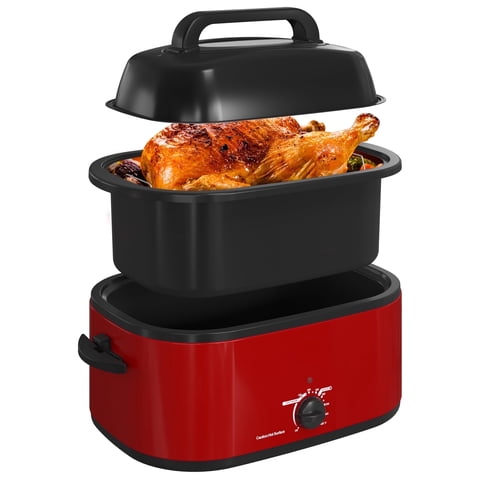 Royalcraft 26QT Electric Turkey Roaster Oven with Visible Glass Lid,Removable Pan & Rack, Stainless Steel,Red