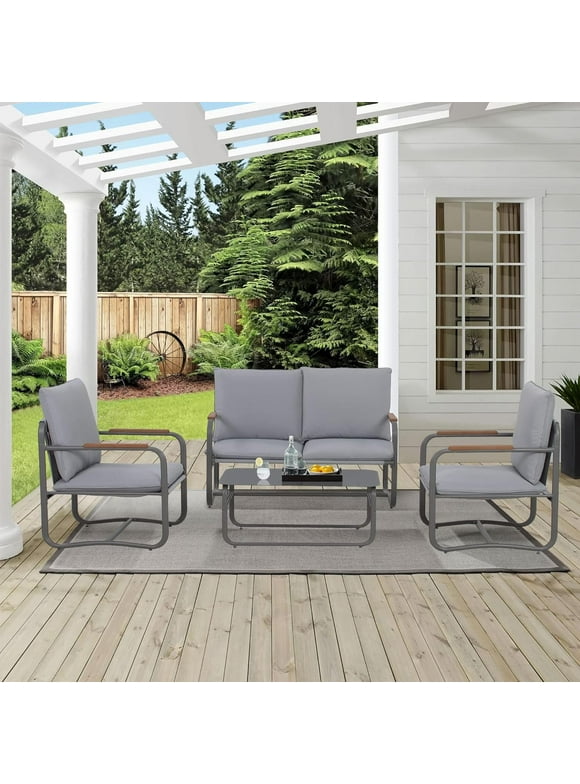 Royalcraft 4 Piece Outdoor Furniture Patio Conversation Sets, Metal Loveseat and Chairs with Tables,8 Cushions,Grey