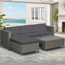 Royalcraft 5 Pieces Patio Furniture Sectional Set Outdoor Wicker Rattan Sofa Set Backyard Couch Conversation Sets with Pillow Cushions and Glass Table, Grey