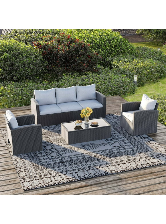 Royalcraft 4 Pieces Patio Furniture Set, All Weather PE Wicker Rattan Outdoor Sectional Sofa with Storage Box and Cushion, Outdoor Furniture for Lawn Backyard Poolside Porch