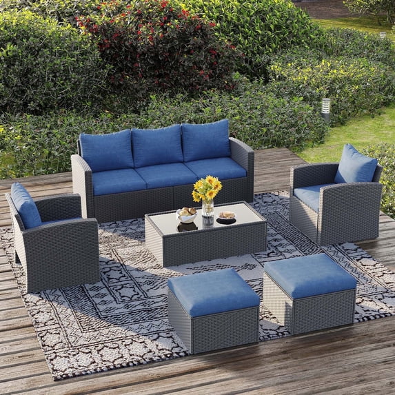 Royalcraft 6 Pieces Patio Furniture Set, All Weather PE Wicker Rattan Outdoor Sectional Sofa with Storage Box and Cushion, Outdoor Furniture for Lawn Backyard Poolside Porch