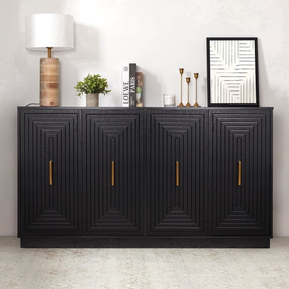 May in Color 60" Large Buffet Cabinet with Storage, Fluted Sideboard with Doors and Adjustable Shelves, for Kitchen, Dining Room, Living Room, Black