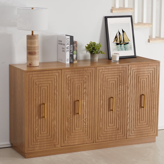 May in Color 60" Large Buffet Cabinet with Storage, Wood Fluted Sideboard with Doors and Adjustable Shelves, for Kitchen, Dining Room, Living Room, Oak
