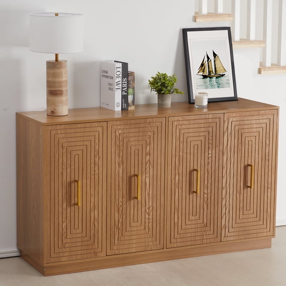 May in Color 60" Large Buffet Cabinet with Storage, Wood Fluted Sideboard with Doors and Adjustable Shelves, for Kitchen, Dining Room, Living Room, Oak