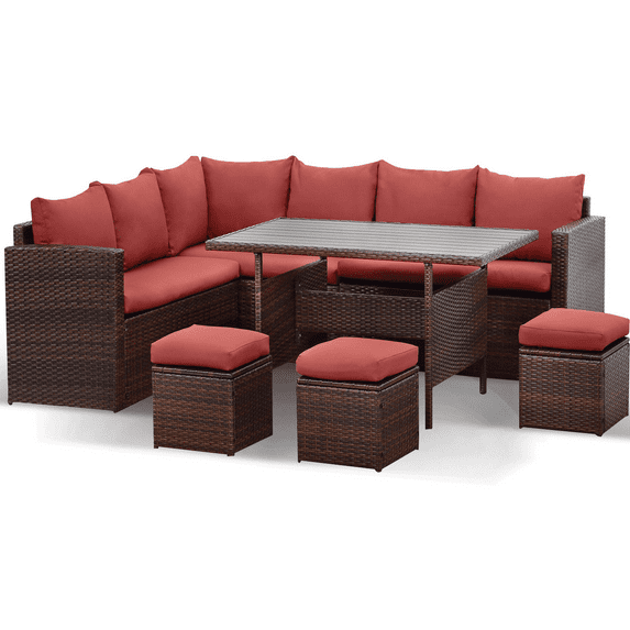 Royalcraft 7 Piece Patio Furniture Set, Wicker Sectional Sofa Dining Table with Ottoman, Red