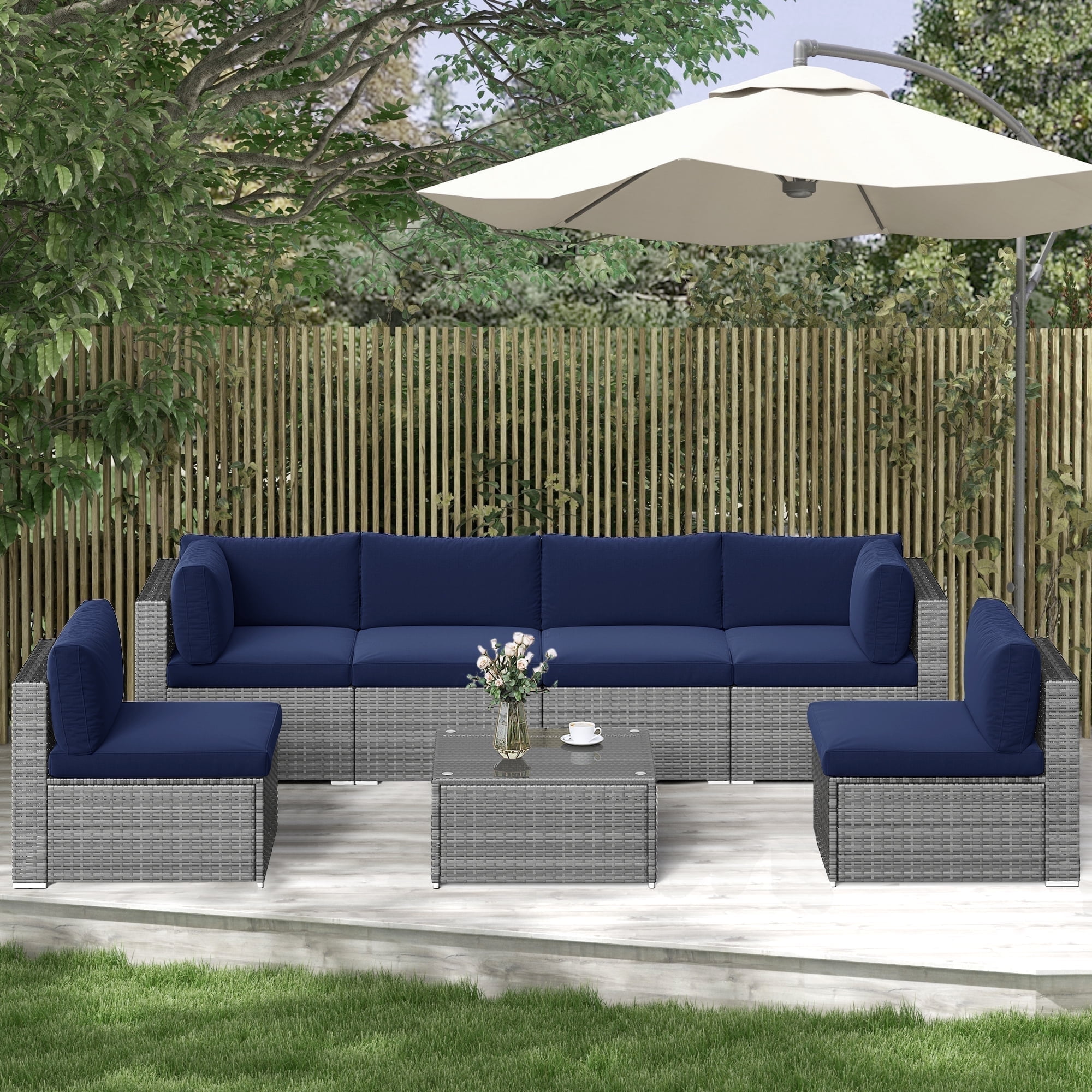 Royalcraft 7pc Outdoor Set, Wicker Rattan Sofa with Cushions & Table, Blue