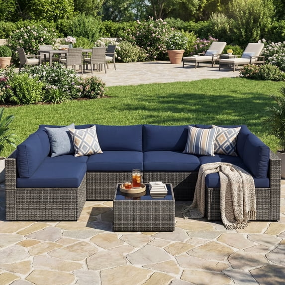 Royalcraft 7 Pieces Outdoor Conversation Set, All-Weather Wicker Rattan Sectional Sofa Set with Cushions & Coffee Table, Blue