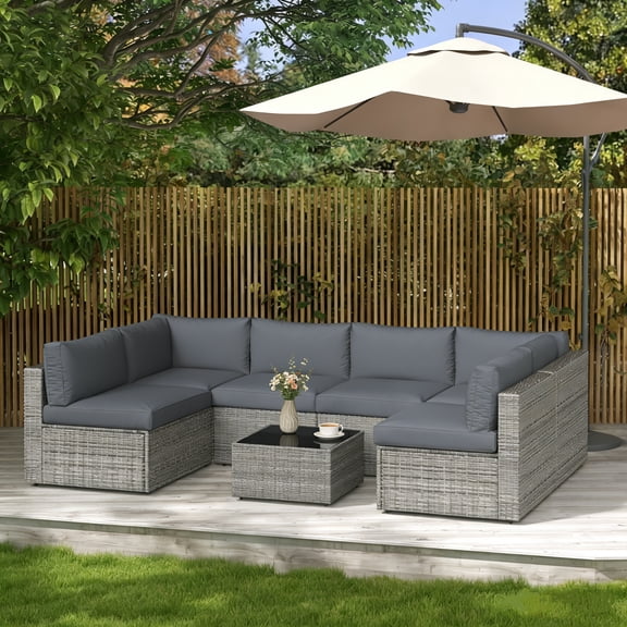 Royalcraft 7 Pieces Patio Conversation Sets, All-Weather PE Grey Wicker Outdoor Rattan Sectional Sofa, Patio Sofa Couch with Table and Grey Cushions