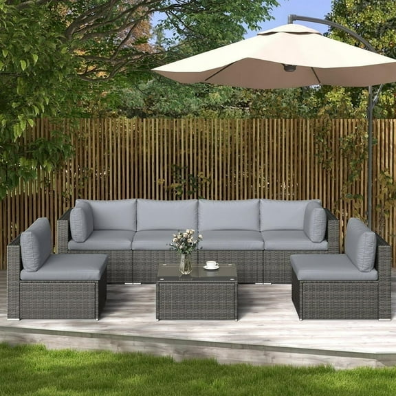 Royalcraft 7 Pieces Patio Conversation Sets, All-Weather PE Grey Wicker Outdoor Rattan Sectional Sofa, Patio Sofa Couch with Table and Grey Cushions