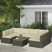 Royalcraft 7 Pieces Patio Furniture Sets, All-Weather PE Grey Wicker Outdoor Rattan Sectional Sofa, Patio Sofa Couch with Table and Beige Cushions