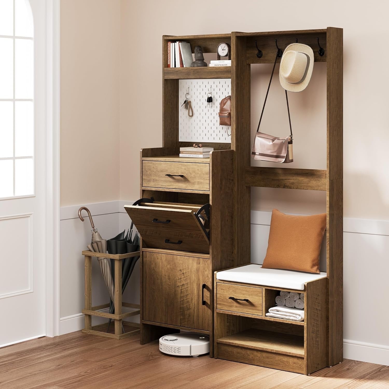 Royalcraft 7 in 1 Hall Tree with Hidden Shoe Storage Entryway Bench with Coat Rack and Pegboard Multifunctional Coat Rack with Bench Mudroom Storage Brown Walmart Business Supplies
