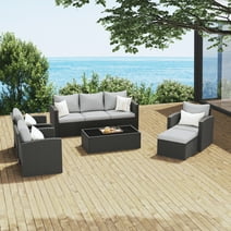 Royalcraft 8 Pieces Patio Furniture Set, All Weather Grey PE Wicker Rattan Outdoor Sectional Sofa with Coffee Table and Dark Grey Cushion, Outdoor Furniture for Lawn Backyard Poolside Porch